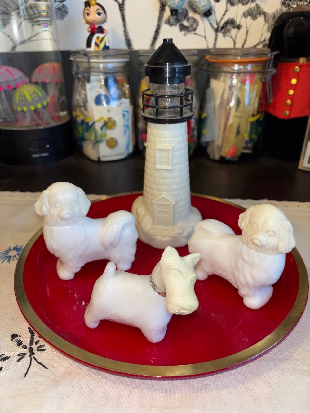 VINTAGE Avon and Old Spice white milk glass figurine perfume cologne bottles on
